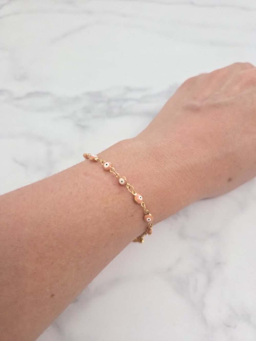 Gold Plated Evil Eye Enamel Chain Link Bracelet Pink Peach - Picture 7 of 11
